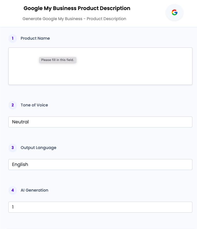 Google My Business Product Description ai tool