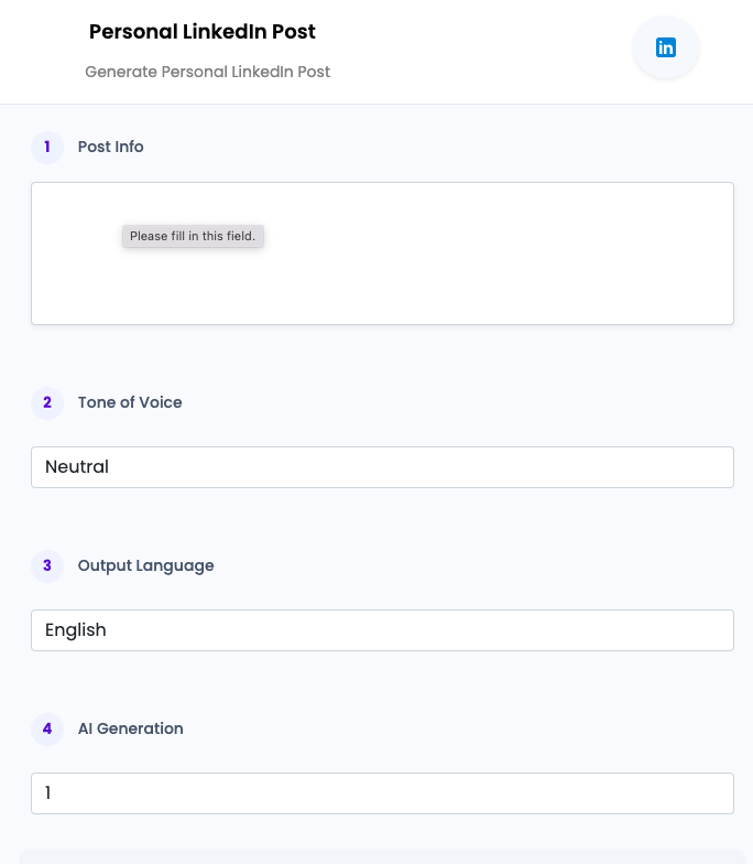 Personal Linkedin Post ai tool