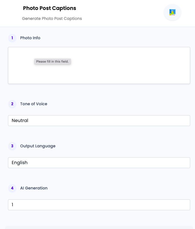 Photo Post Captions ai tool