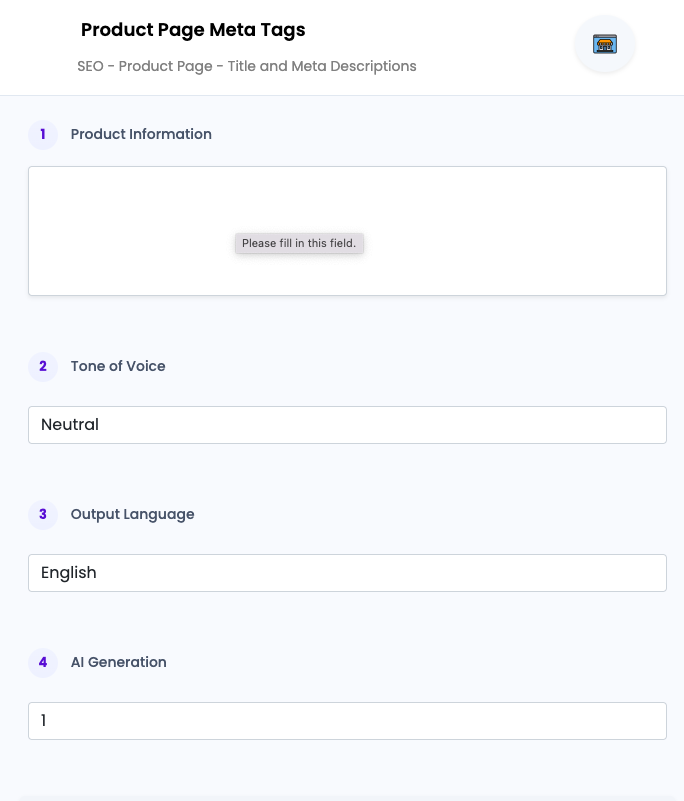 Product Page Meta Tags ai tool